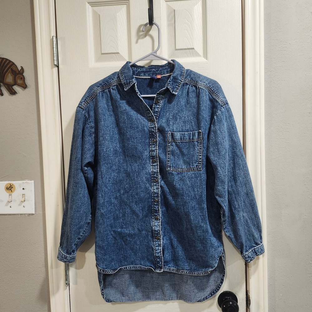 Pilcro Anthropologie Denim Button Down Shirt XS Oversized High Low Hem Blue